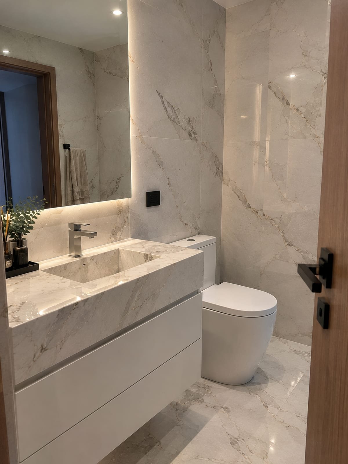 Baño después de la reforma, con revestimientos en piedra y mueble a medida