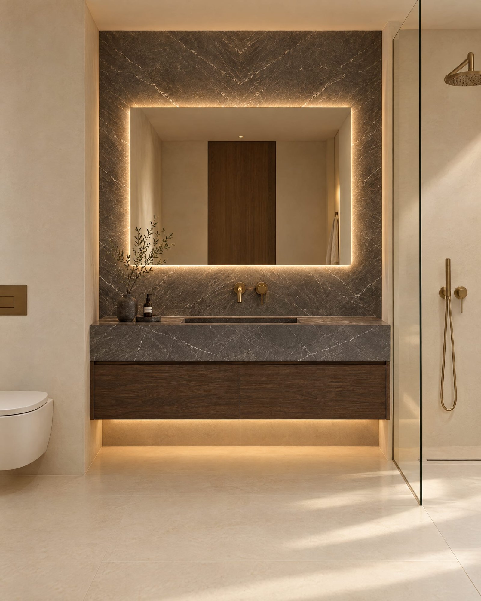 Baño con mueble en roble oscuro y lavabo integrado en mármol Pietra Grey