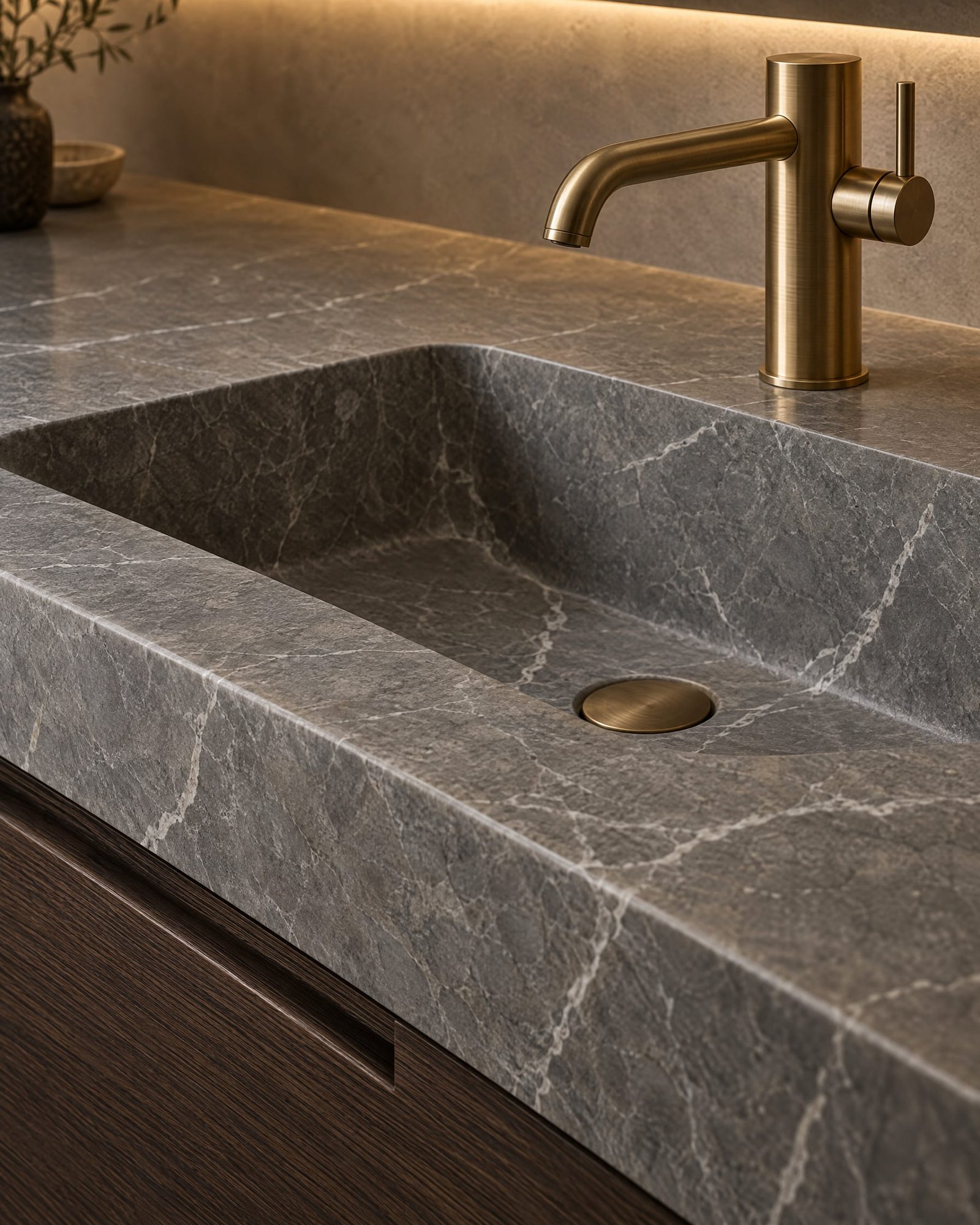 Detalle de lavabo tallado en mármol Pietra Grey con grifo de latón