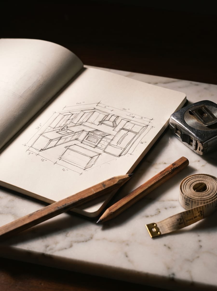 Croquis a lápiz de una cocina en un cuaderno, sobre una losa de mármol, con lápices y cinta métrica