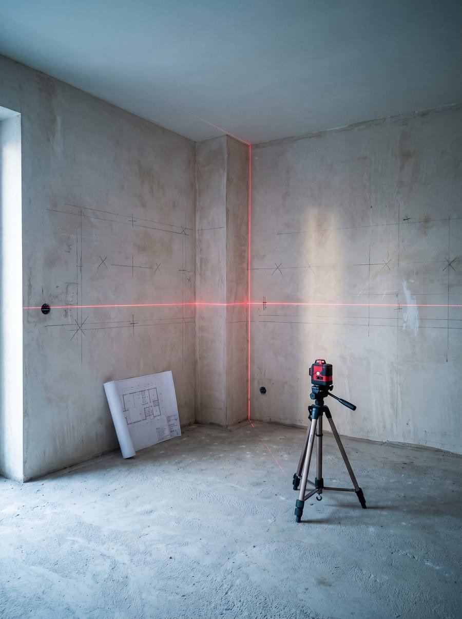 Estancia vacía en obra con el láser de nivel marcando el replanteo en la pared y el plano apoyado en el rincón