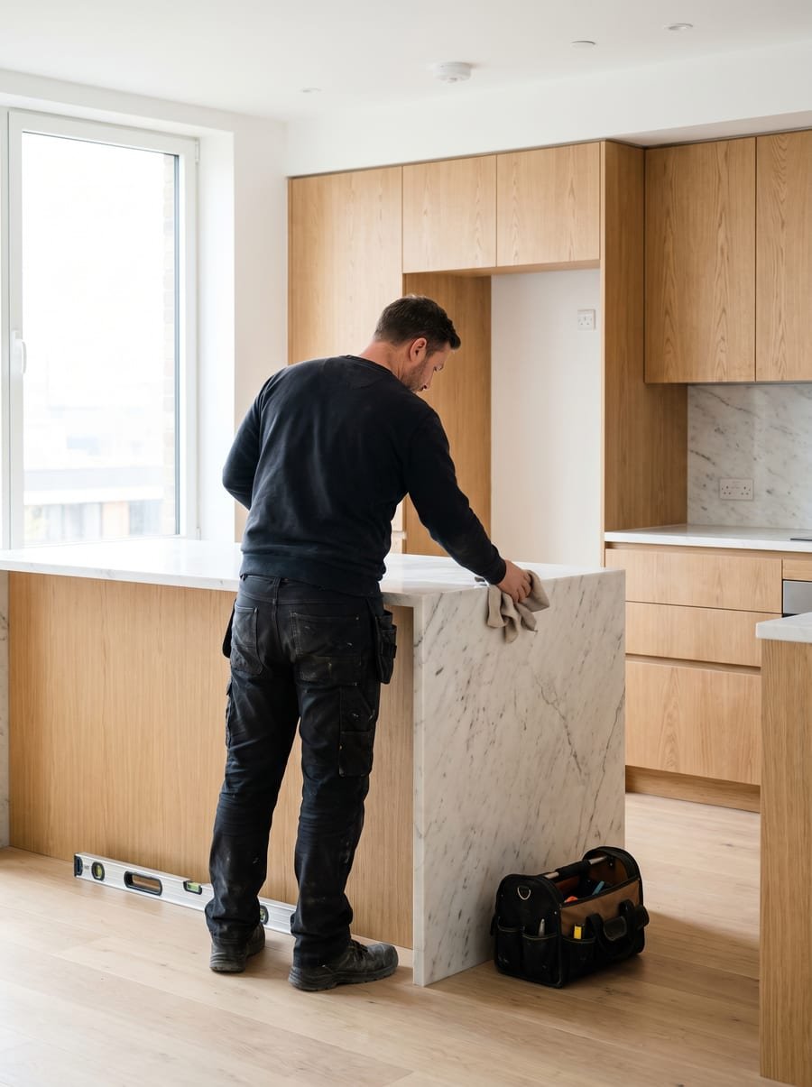 Instalador rematando la encimera de mármol de una cocina de roble ya montada, con luz de día