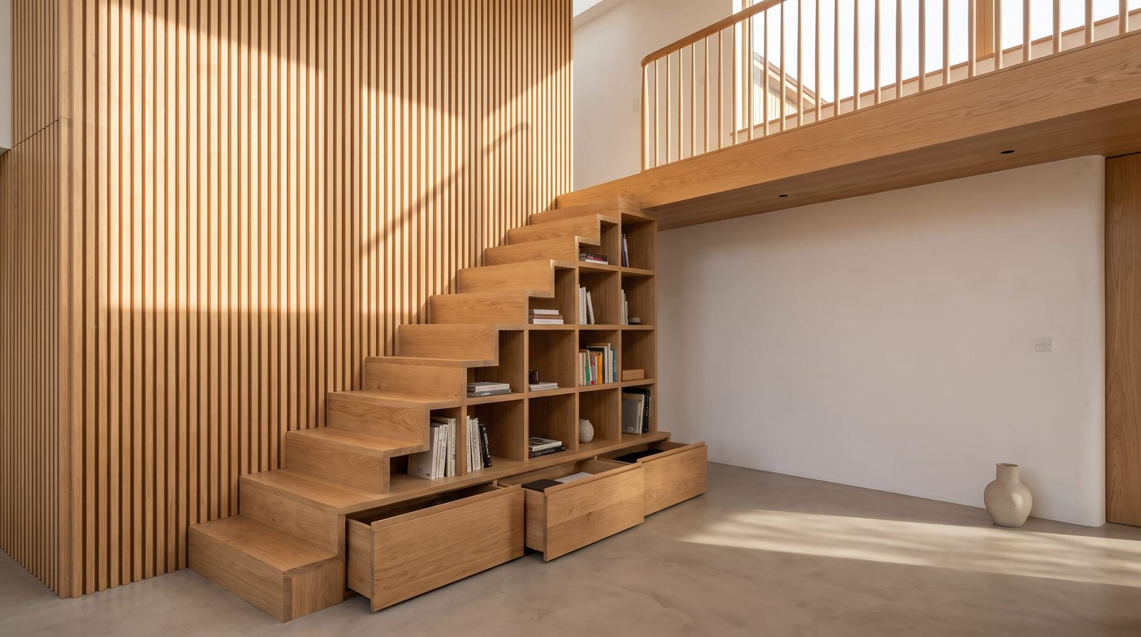 Escalera de roble con cajones y estantería integrados bajo los peldaños, junto a una celosía de listones y un altillo