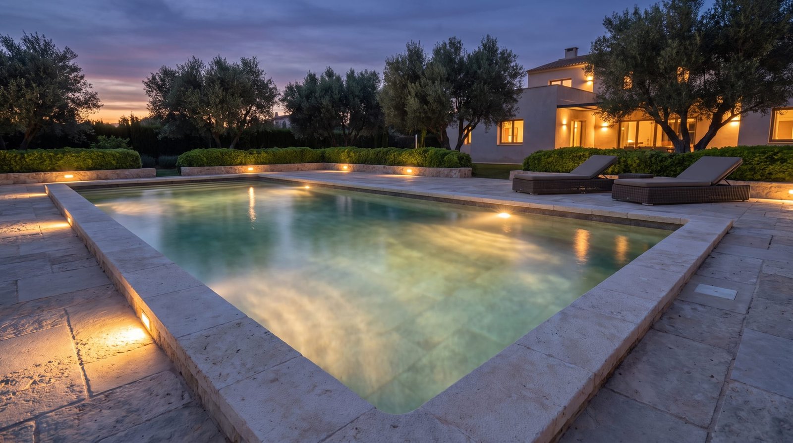Piscina terminada al anochecer, con el agua iluminada y la coronación y el solárium en piedra clara