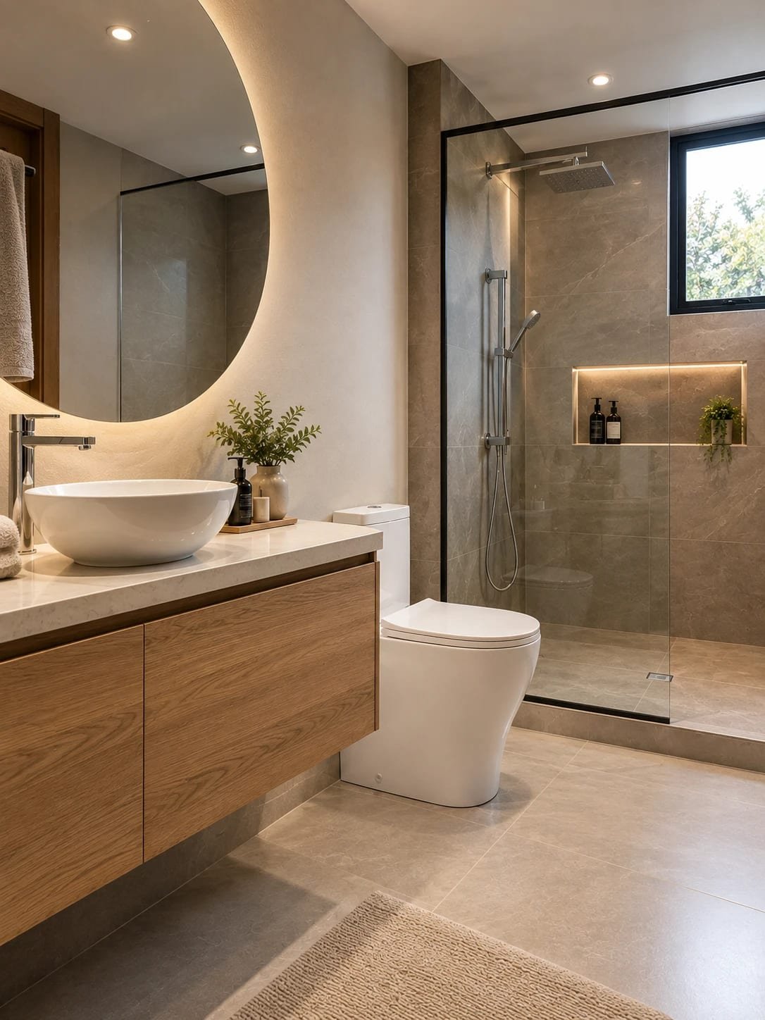 Baño reformado con mueble de roble, lavabo sobre encimera, espejo redondo retroiluminado y ducha de obra con mampara